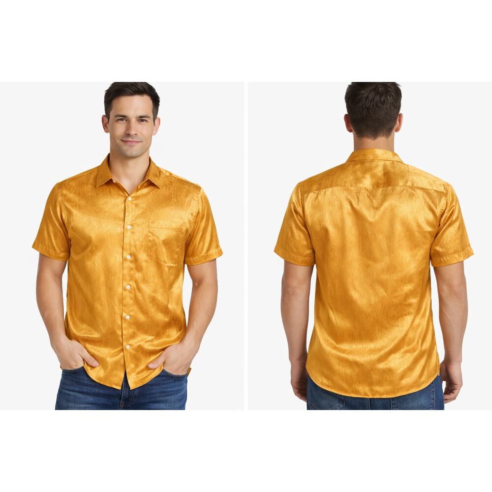 Fohemr Men's Gold Satin Button-Up Shirt Size Medium Shiny Textured Herringbone